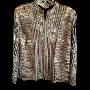 Obstinse Womans Sz 12 Blouse Top Zip Copper Gray Flowered